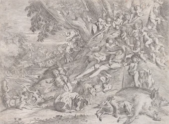 Venus en Adonis, omringd door vele putti, liggend na de jacht, met een dood zwijn, 1631-37