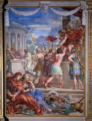 Allegorie van de vier leeftijden, de Bronzen eeuw fresco door Pietro da Cortona (Pietro Berrettini) (1596-1669) 1637 Salle du Poele (Stanza della Stufa), Palatijngalerij, Palazzo Pitti, Florence