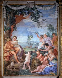 Allegorie van de vier tijdperken, de gouden eeuw. Fresco van Pietro da Cortona (Steen van Cortona) (1596-1669), 1637, Salle du Poêle (Stanza della Stufa), Palatijnse Galerij, Palazzo Pitti, Florence