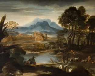 Landschap met een meer en een ommuurde stad