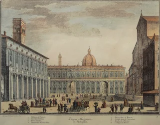 Italië, Bologna, Piazza Maggiore of Piazza Grande, door Pio Panfili, gravure