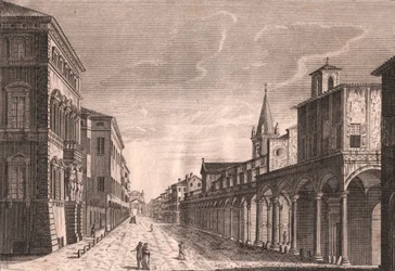 Uitzicht op de Strada Maggiore in Bologna, Emilia-Romagna, Italië, kopergravure door C Lambertini naar tekening van Pio Panfili, circa 13.5x19 cm