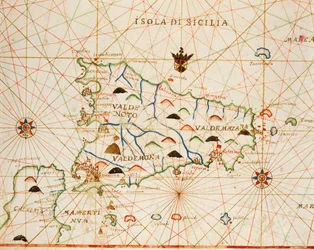 Sicilië uit portolaanatlas bestaande uit zes kaarten, door Placido Caloiro en Francesco Oliva, perkament. 1646.