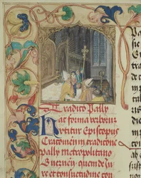 Bisschop van Krakau overhandigt het Pallium aan de aartsbisschop van Gniezno, uit het Pontificale van bisschop Erasmus Ciolek