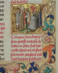 Zegening van een bel door een bisschop, uit het Pontificale van bisschop Erasmus Ciolek