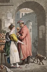 Sinaasappelverkoper in Warschau, ca. 1810 (gekleurde gravure)