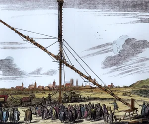 De grote astronomische telescoop van Johannes Hevelius (1611-1687) illustratie uit Machina Coelestis door Hevelius, Gdansk, gepubliceerd 1670