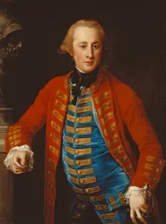 Portret van een cavalerieofficier in uitgaanskleding, ten halven lijve, leunend op een voetstuk bij een buste van Mars, 1774