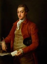 Portret van de Hon. Lionel Damer, half lengte in rode jas met grijs vest en witte das, met een papier en een ganzenveer