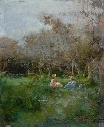 Elegante dames rustend in een bosrijk landschap