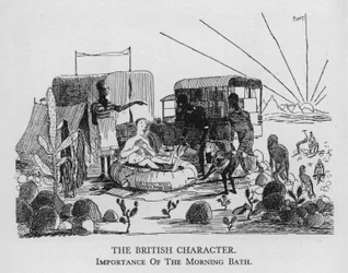 Het Britse karakter; Belang van het ochtendbad (litho)