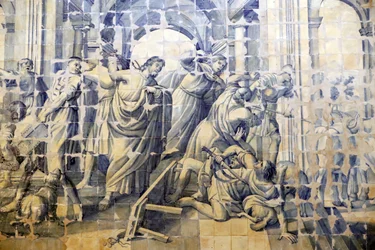 Kerk van Barmhartigheid. Azulejos. Het verhaal van de reiniging van de Tempel. Jezus. Evora. Portugal.