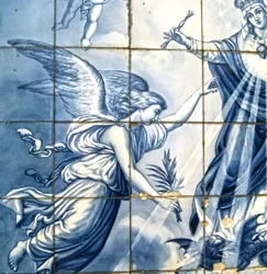 Decoratief paneel met de aartsengel Gabriël en de Maagd Maria die een gevleugelde slang verpletteren, Lamego, Portugal