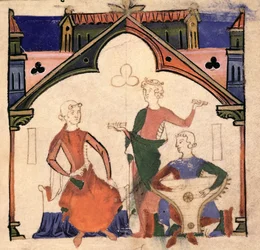 Fol.4r Muzikanten die castagnetten en een psalterium bespelen, uit de Chansonnier des Nobles