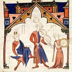 Fol.6r Muzikanten die een altviool en een tamboerijn bespelen, uit de Chansonnier des Nobles