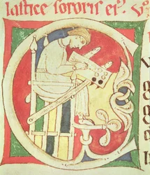 Ms 22 fol.139r Geïllustreerde initiaal C die een monnik toont die schrijft, uit Vitae Sanctorum, Santa Cruz de Coimbra