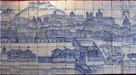 Panoramisch uitzicht op Lissabon vóór de aardbeving van 1755 - azulejos uit het begin van de 18e eeuw, paneel uit het voormalige paleis van de graven van Tentugal, Lissabon (groot panorama van Lissabon vóór de aardbeving van 1755, faience uit het begin