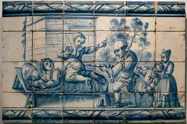 De dokter die een klysma toedient aan een patiënt - Satirisch paneel van Lissabon, eerste helft 18e eeuw - Museu Nacional dos Azulejos, Lissabon (Portugal)
