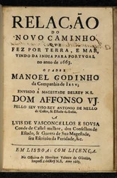 Titelpagina van Manuel Godinho, Relação do Novo Caminho que Fez por Terra e Mar, Vindo da India para Portugal no Ano de 1663, Lissabon: Henrique Valente de Oliveira