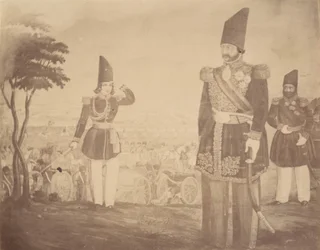 [Een Perzische revue in een schilderij dat ooit toebehoorde aan Ardeshir Mirza, oom van de koning.]