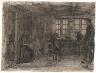 Interieur van een boerderij met vijf personen
