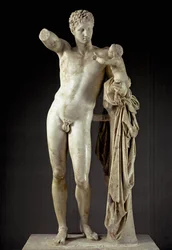 Griekse Kunst: Hermes en Dionysus kind - Marmeren sculptuur van Praxiteles (4e eeuw v.Chr.) uit de tempel van Hera in Olympia, 330 v.Chr., Dim. 213 cm - Olympia, archeologisch museum
