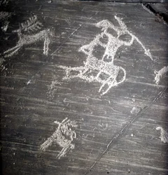 Camunni beschaving, Prehistorie, rotstekeningen: grafrots, die jagers en herten voorstelt. Rocher de Naquane, in Valcamonica (Val Camonica)