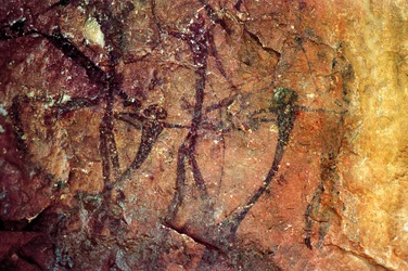 Menselijke figuren met bogen, Cueva del Civil, Tirig, Barranc de la Valltorta, Valencia, Spanje (schilderij)