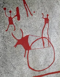 Noordse bronstijd: ploeg getrokken door een os, rotstekeningen in Tanum, Zweden