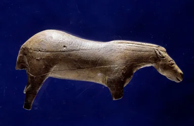 Prehistorische kunst (Midden-Magdalenien): sculptuur van een paard in mammoetivoor