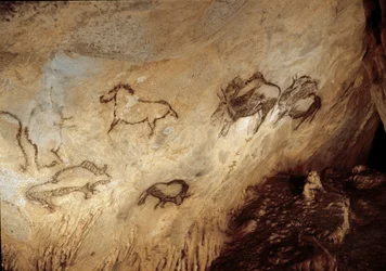 Prehistorie: Bison en Paarden rotsschildering van het Boven-Paleolithicum (Magdalenien) (13000 jaar geleden) Steentijd Santimamine Grot, Guernica, Spanje