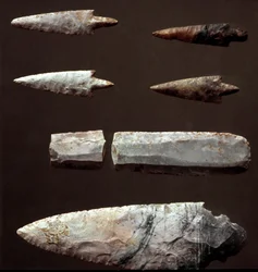 Prehistorie: pijlpunten en vuursteen uit de necropolis van Cantalupo-Mandela (Cantalupo Mandela), Lazio. Kopertijd. Eneolithicum. 2200 v.Chr. Rome, Nationaal Prehistorisch en Etnografisch Museum Luigi Pigorini