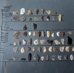 Prehistorie, Pontiniano-cultuur: stenen en vuursteen (lithische productie) uit de grot van Moscerini, Lazio. Steentijd. Laatpaleolithicum. Rome, Museo Nazionale Preistorico Etnografico Luigi Pigorini