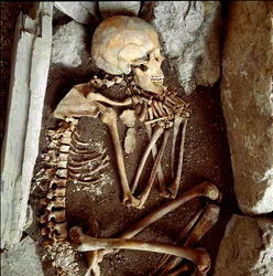 Prehistorie: vrouwelijk skelet uit de grot van de Candide Arene (Finale Ligure). Steentijd, Neolithicum. Genua, Museo di Archeologia Ligure