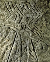 Prehistorie, rotstekeningen: petroglyph (graffiti op steen) van een voorstelling van een menselijke figuur. Neolithicum, Steentijd. (Azerbeidzjan) Bronstijd. Bakoe, Azerbeidzjan Staatsreligie Geschiedenis Museum