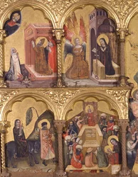 Polyptiek van de Ontslaping van de Maagd, detail (St. Gregorius de Grote bidt voor de Verlossing van de Ziel van Trajanus uit het Vagevuur, de Aankondiging, de Vlucht naar Egypte en Jezus met de Dokters)