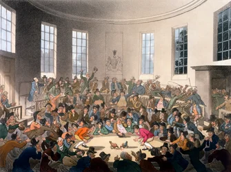 De koninklijke hanenkampplaats, Birdcage Walk, St James, illustratie uit 