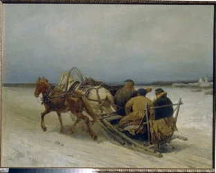 Troika in de winter (Russische slee getrokken door drie paarden)