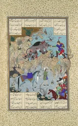 Bahram Chubina doodt de leeuw-aap, Folio 715v uit het Shahnama Boek der Koningen, ca. 1530-35
