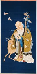 Grote kesi-hangrol met Shoulao die een perzik vasthoudt, een wortelhouten staf met een drakenkop omarmend naast een hert en twee vleermuizen in vlucht, 1796-1820