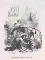 Alles wat overblijft is om de gezegende koffer te sluiten! uit de Kleine Miseries van het Menselijk Leven, 1843