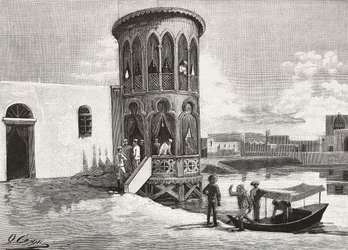 Een kleine Moorse toren die de club van de Italiaanse officieren herbergt, Massawa, Eritrea, gravure naar een tekening van Quinto Cenni en een schets van Pieragostini, uit L