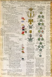 Insignes en decoraties van uniformen van Italiaanse auto-artilleriebedrijven, kleurenplaat door Quinto Cenni