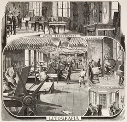 Fratelli Treves uitgeverij: tekenaarsstudie, timmerwerk, schoonmaken van lithografische stenen, lithografie, Milaan, Italië, gravure naar tekening van Quinto Cenni, uit L