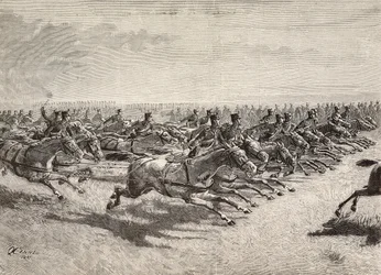 Rijdende artillerie van het Italiaanse leger in volle galop, Lombardije, Italië, gravure naar tekening door Quinto Cenni, uit L