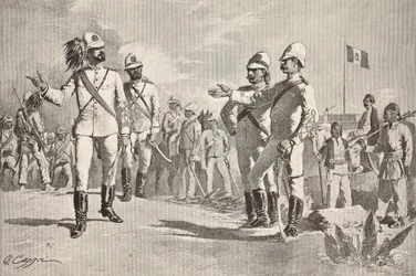 Italiaanse en lokale soldaten, in uniformen van het Italiaanse leger in Afrika, Massawa, Eritrea, gravure naar een tekening van Quinto Cenni, uit L