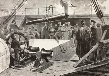 Italiaanse matrozen en officieren die het schip Gottardo opzetten, Italiaanse expeditie in de Rode Zee, Palermo, Italië, gravure naar tekening door Quinto Cenni en schets door Dante Paolocci, uit L