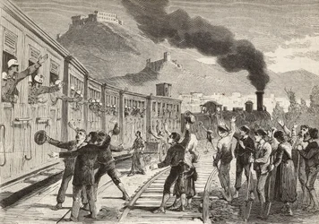 Mannen en vrouwen nemen afscheid van Italiaanse soldaten die vertrekken vanaf het station van Cassino, Italië, gravure naar tekening van Quinto Cenni en schets van M Dal Don, uit L