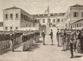 Prins Vittorio Emanuele (1870-1946), Graaf van Turijn, reikt diploma
