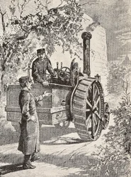 Twee Italiaanse militaire ingenieurs op weglocomotief, in hun nieuwe uniformen, gravure naar tekening door Quinto Cenni, uit L